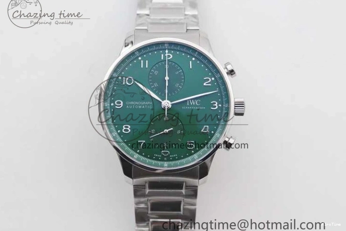 MIROTIME 0819 FastDry Portugieser Chronograph IW371615 ZF Best Edition Green Dial on SS Bracelet A7750 (Slim Movement) 7038